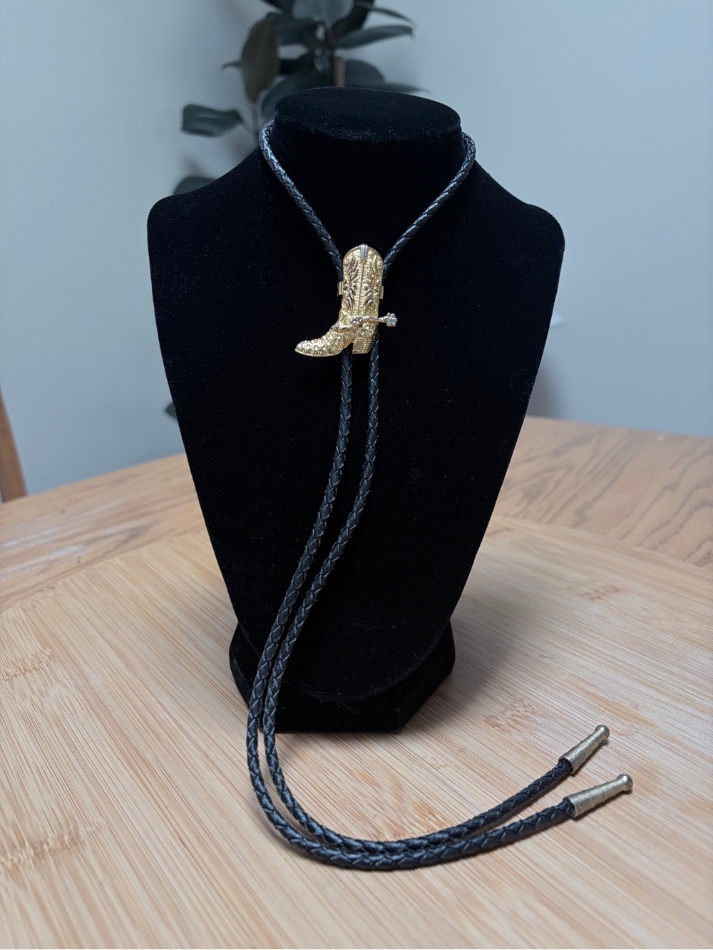 Vintage Gold Cowboy Boot Bolo Tie - Black Braided Cord